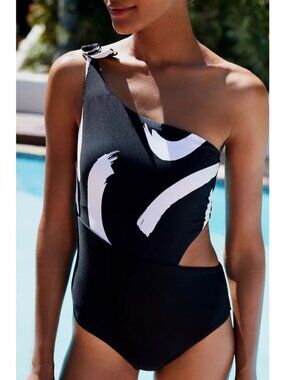 Seafolly women's 10 black white new wave cut-out one piece swimsuit one shoulder